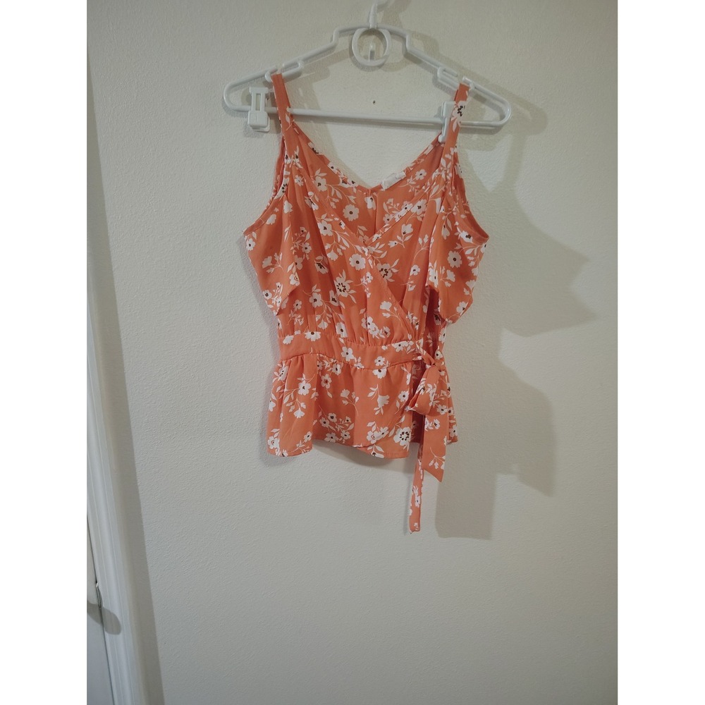 Sienna Sky Women Coral Orange Floral Cold Shoulder Wrap Tie Peplum Top Small